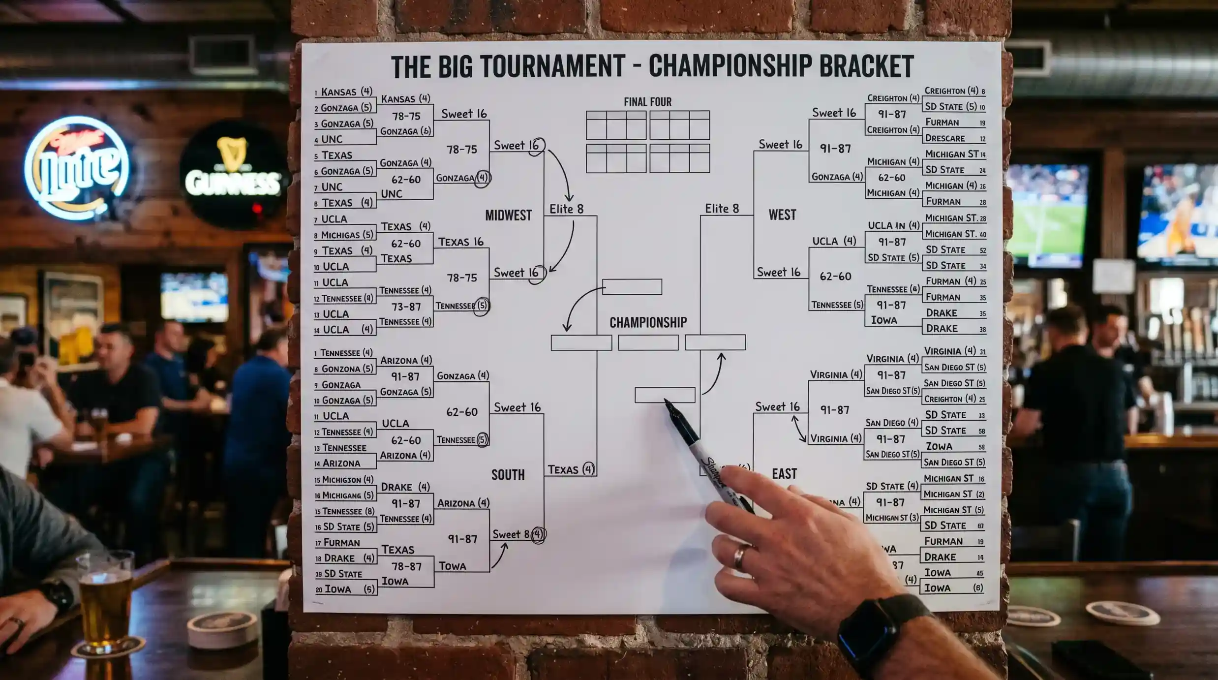 Bracket de eliminación directa del torneo NCAA con emparejamientos de seeds