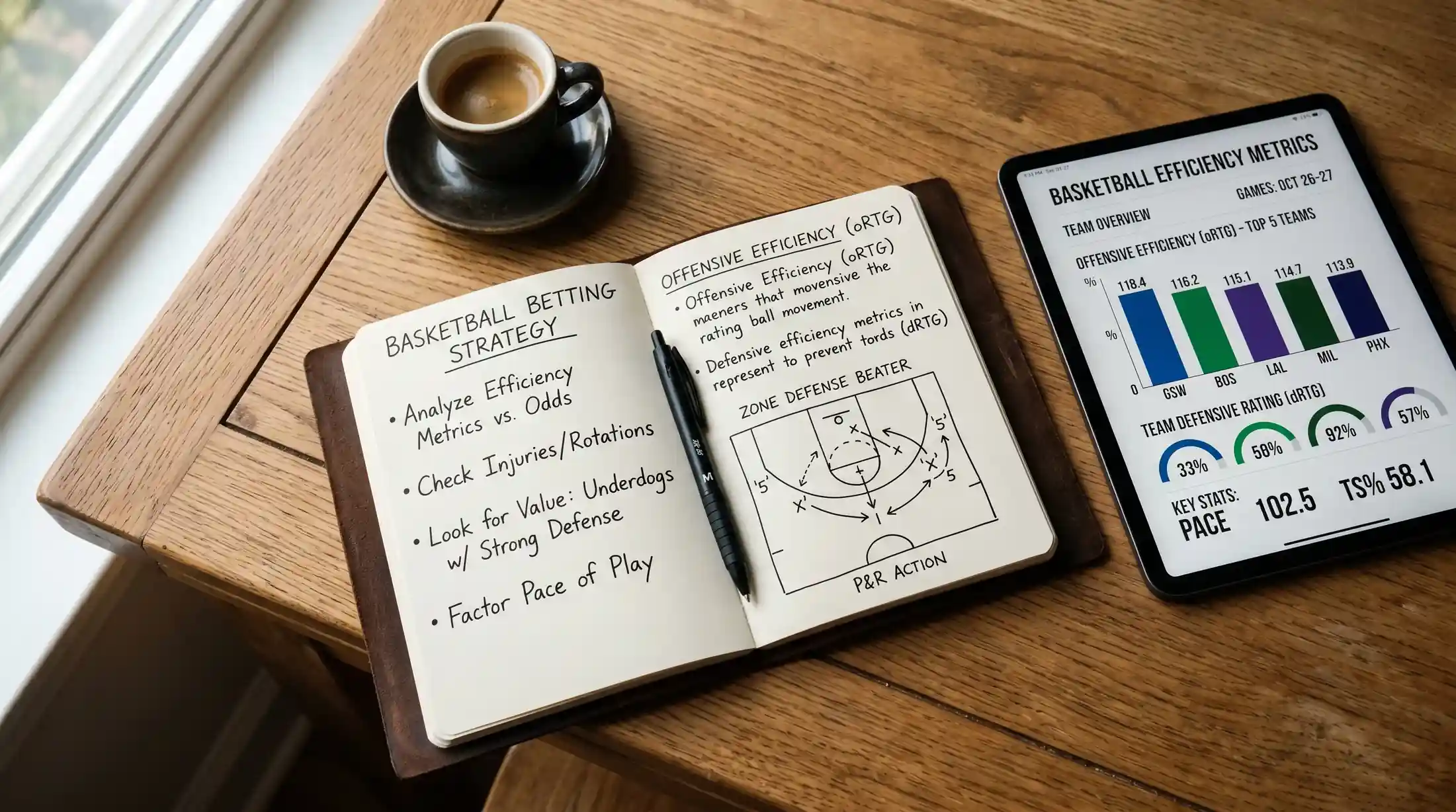 Cuaderno de notas con estrategia de apuestas y métricas de baloncesto NCAA junto a una pantalla con datos